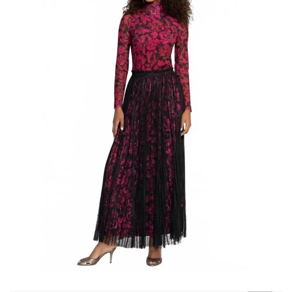 Jade Johnny Was Yolanda Pleated Black Lace Overlay Pink/Flowers Sz XS NWT